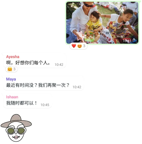 WhatsApp 群组对话功能的截屏，包括互发的照片和消息